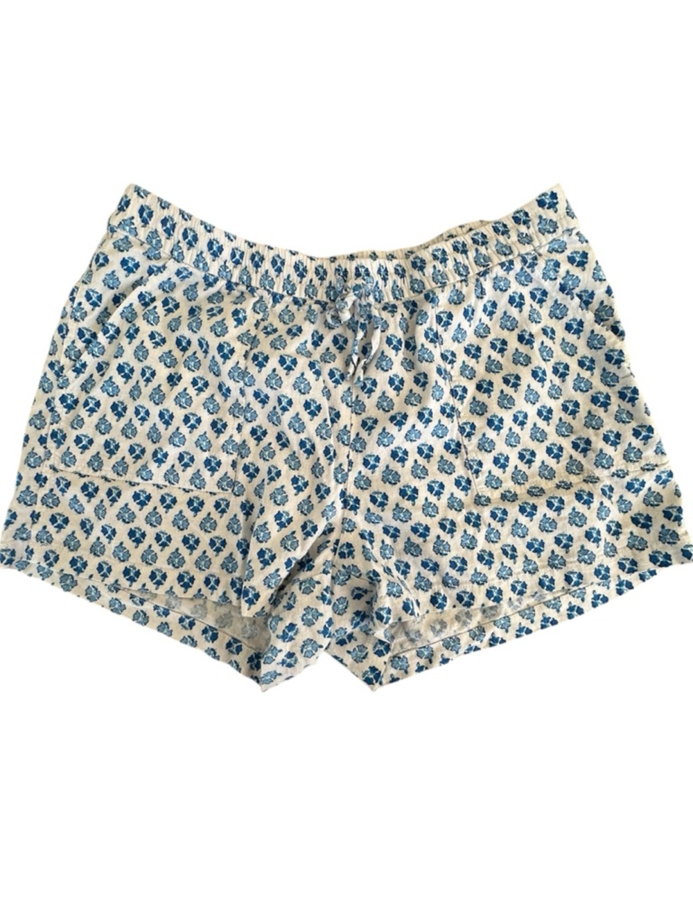 J. CREW Women's Linen Blend Shorts With Drawstring Blue/White Block Print M